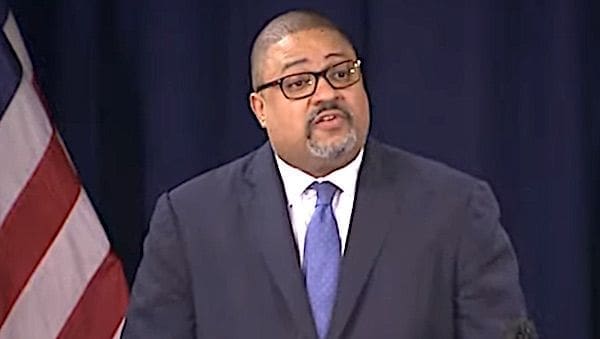 Manhattan District Attorney Alvin Bragg discussing the arraignment of President Donald Trump on Tuesday, April 4, 2023. (Video screenshot)